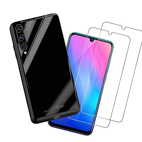 WUFONG case compatible Samsung Galaxy A70,creative soft frame glass phone case,all surrounded by mobile phone case,send 2 pieces of tempered glass film-black