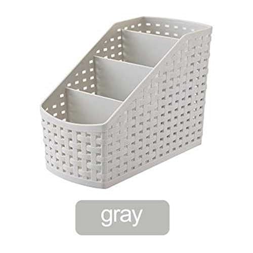 Multifunctional Plastic Desk Organizer Storage Box Case Pen Pencil Holder Imitation Rattan Narrow Type 4-Compartment Gray