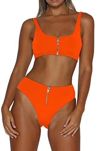 Viottis Women's Zip up Low Back High Cut Thong Bikini Set Swimsuit