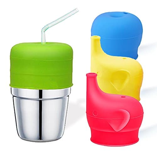 TASUCY Silicone Sippy Cup Lids, Make Any Cup Spill-Proof Training Cup or Bottle, BPA Free, Leak Proof for Babies Toddlers and Kids (2 Pack Straw lids + 2 Pack Elephant Spout Lids) (4PCS)