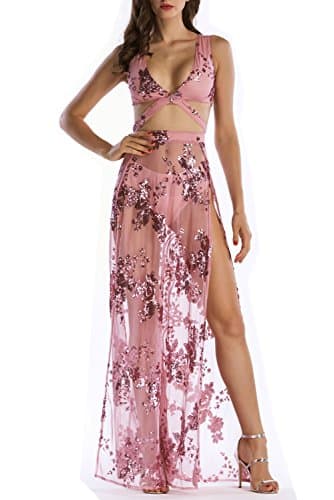 Cresay Women's Sexy Deep V Strap Backless Sequins Bodycon Romper Dress Club