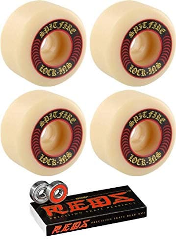 Spitfire Wheels 52mm Formula Four Lock-Ins White/Red Skateboard Wheels - 101a with Bones Bearings - 8mm Bones Reds Precision Skate Rated Skateboard Bearings (8) Pack - Bundle of 2 Items