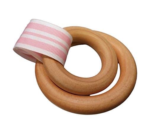 Intuitoys Two Ring Teether (Candy Stripe Pink), Handmade in USA, Natural, Wood Teether, Baby Rattle, Developmental Toy for Babies