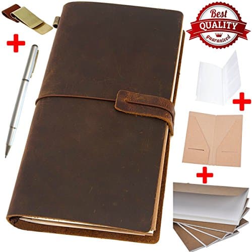 Travelers Journal Leather Refillable AMAZING BUNDLE (10pcs in Bundle) by LawestCo Pocket Journal: Genuine Leather Cover+Special 5 Papers (Square Grid/ Graph,...)+Pen+Penholder &Clip+Zipper+Card Pocket