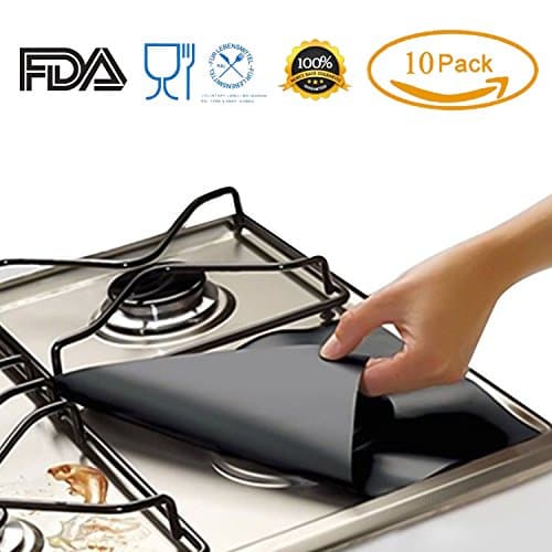 10 Pack Stove Burner Covers Reusable Gas Range Protectors Non-stick Stovetop Burner Liner Cover FDA Approved ,Dishwasher Safe, 0.2mm Thickness, 10.6”x 10.6”, Black