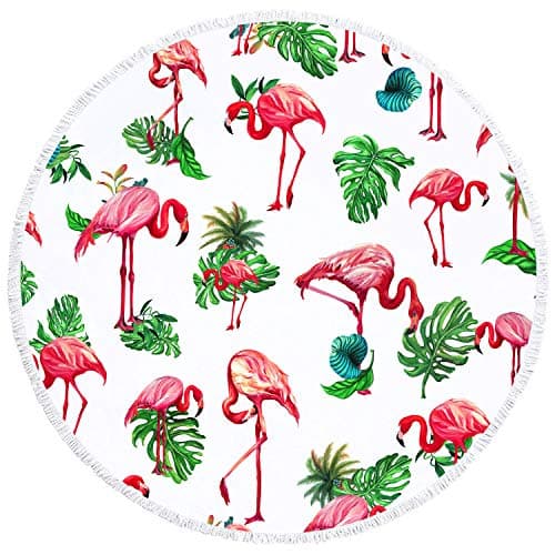 YAXIUFEN 29 Options Thick Soft Super Water Absorbent Multi-Purpose 60 inch 3D Printing Large Round Beach Towel Circle Picnic Carpet Yoga Mat Blanket with Tassels (Flamingos 2)