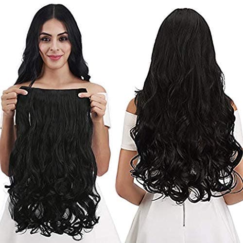 BIGWAVE® Premium Quality 5 Clip-in Based 26 inch Curly/Wavy Synthetic Fiber Hair Extension (Black) for women girls