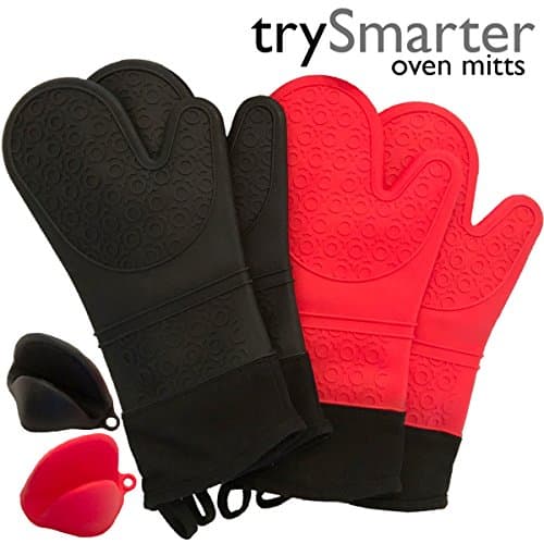 trySmarter Silicone Oven Mitts (3 Piece Set) – Pair Extra Long Professional, Quilted Liner, Gloves for Cooking, Baking, Barbecue + FREE 1 Mini Oven Mitt, Pinch Grip – Red & Black (Black Color)