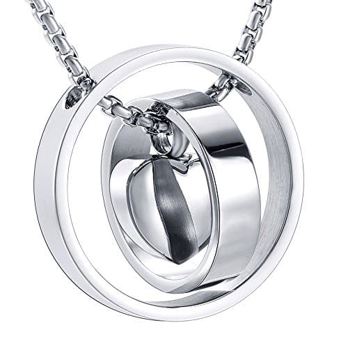 Engravable Two Circle Lock Heart Cremation Necklace For Ashes + Free Box ,Chain And Fill Kits (Silver Tone)