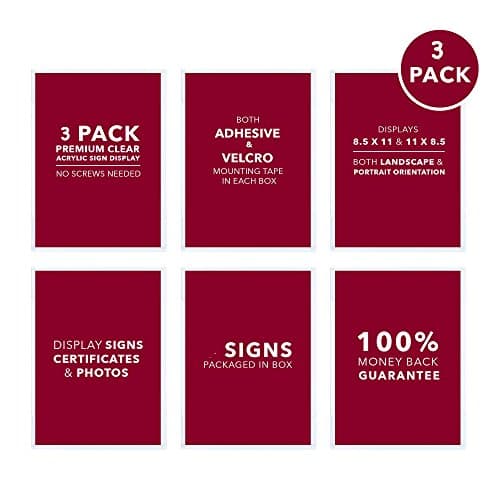 Premium Acrylic Sign Holders Wall Mount Displays with both permanent Adhesive and removable Hook and Loop tape in every Pack No Screws needed (3 Pack)