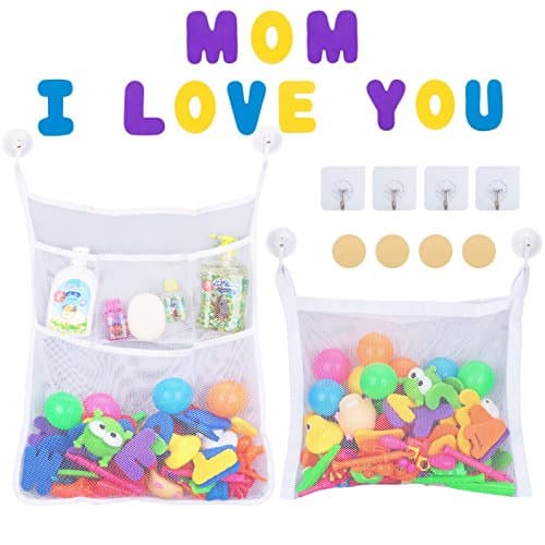 Bath Toy Organizer, Bathtub Mesh Net for kids - Multi-Use Organizer+Big pocket storage Net + 4 Ultra Strong Suction Cups and 4 Removable Magic Sticky Hooks + four 3M Stickers+11 Non Toxic Foam Letters