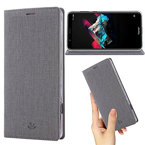 Honor 7X Case,Premium Flip Leather Wallet Case Stand Kickstand Card Slot Magnetic Closure Full Body Protective Cover Clear TPU Bumper Thin Case for Huawei Honor 7X (Gray)