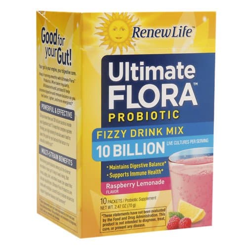 Ultimate Flora Probiotic Fizzy Drink Mix Raspberry Lemonade 10 Billion Cultures - 10 Packets (2.47 oz each)