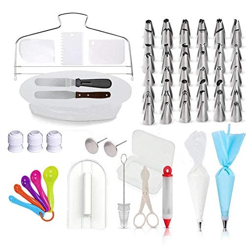 CAKE DECORATING SUPPLIES KIT (94 pcs) by queen value - Turntable - Piping tips - Bags - Couplers - Icing spatulas - Cutter - Scrappers - Nails AND MORE! Perfect for baking cakes cupcakes and cookies