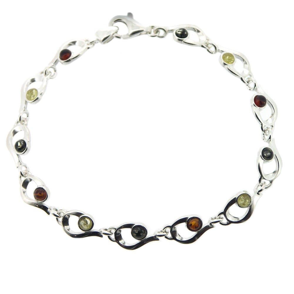 Nova Silver Classic Amber, Mixed Amber Set Silver Bracelet with Tear Shape Links of 18.5cm