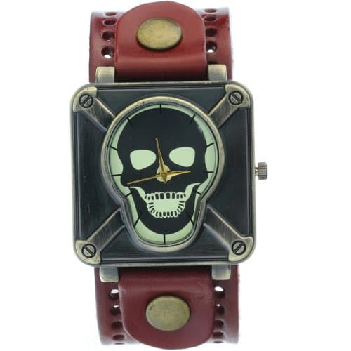 Ghost Rider Copper Skeleton Skull Dial Men boys Red Wide Belt Cow Leather Wide Strap Cool Watches