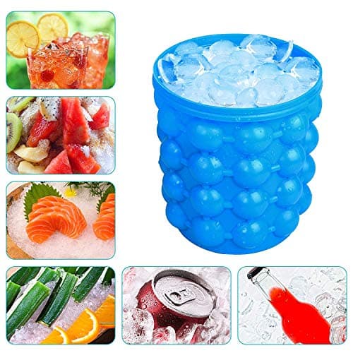 lce Cube Maker Silicone Ice Bucket & Ice Mold with lid Portable Silicon Ice Cube Maker for Chilling Burbon Whiskey Cocktail Beverages - Suitable for Home Kitchen Camping and etc (Blue)