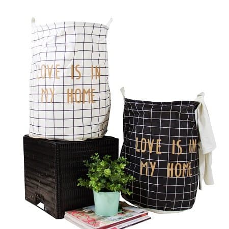 G Home Collection Gold Letter Grid Pattern Fabric Laundry Basket White and Black (Set of 2)