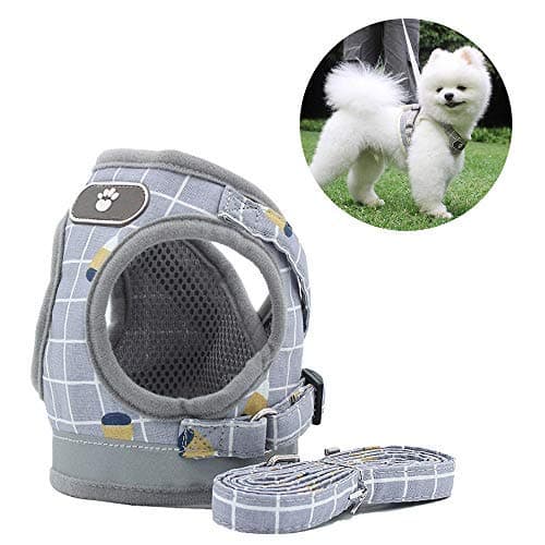 AnlitentSoft Fabric No Pull Dog Harness and Lead Set for Walking, Escape Proof Dog Vest Harnesses for Puppy Small Dogs, Easy Fit Dog Collar for Puppies Large Cat (Medium, Grid-Grey)
