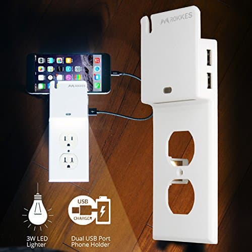 USB Outlet Wall Plate Duplex - With LED Night Light , ROKKES Switch Snap On Power Wall Outlets Covers Replacement Plate, With Dual USB Ports, Sensor Guide Light , Phone Charging Holder ,
