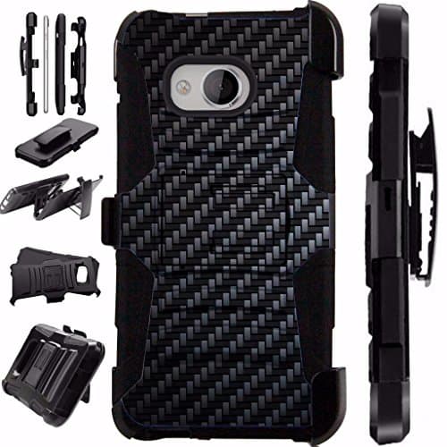 For HTC U11 Life Case / HTC U 11 Life Case Armor Hybrid Case Silicone Cover Kick Stand LuxGuard Holster (Black Carbon Fiber Print)