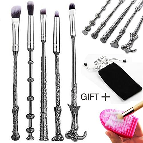 5Pcs Magic Wand Eyeshadow Makeup Brushes Set,Metal Handles Foundation Blending Cosmetic Brushes Kit,Free Pouch Bag+Brush Cleaning Tool (Grey)
