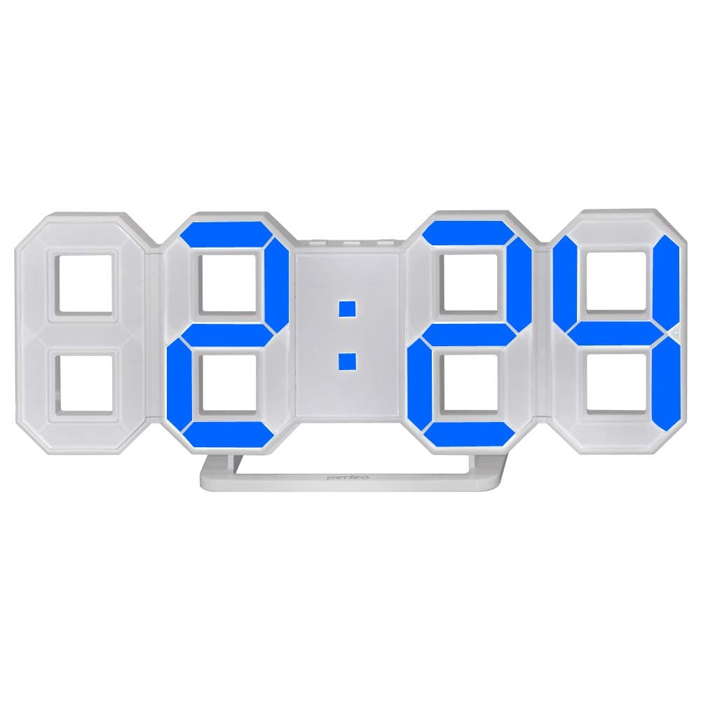 perfeo 3D LED Digital Alarm Clock, Easy to Read at Night, Silent Clock with Snooze, 3 Brightness Levels, Modern Desk/Shelf/Table/Wall Alarm Clock for Home Decor (White, Blue)