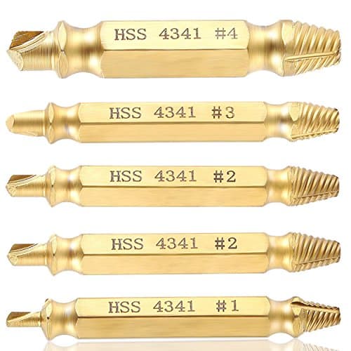 EANINNO Damaged Screw Extractor and Remover, 5 Piece Stripped Broken Screw Nail Extractor Tool Set, Made of Premium HSS 4341 with Titanium Coating, Golden