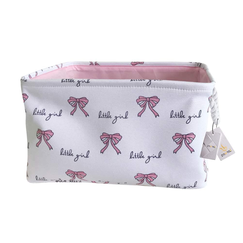 Znvmi Large Rectangular Storage Basket Baby Girls Toy Box Foldable Fabric Canvas Hamper for Laundry, Nursery, Closet, Shelf - Bowknot/White