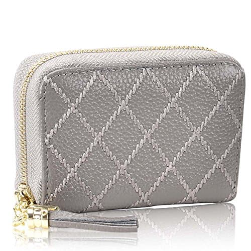 RFID Blocking Credit Card Case Organizer Genuine Leather Zip-Around Security Wallet (Grey)