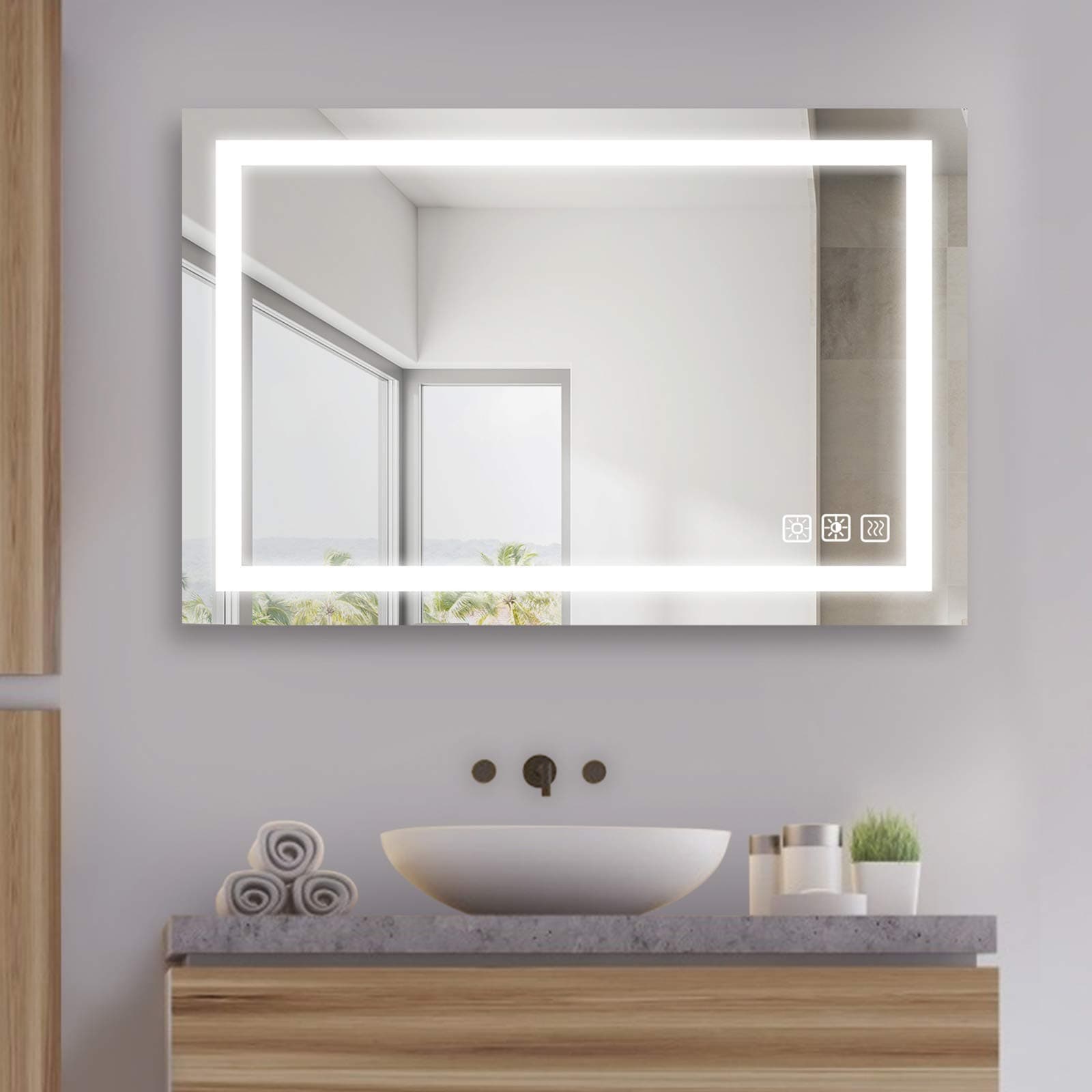 SL4U 36 x 24 Inch LED Lighted Bathroom Mirror, Dimmable Wall Mounted Makeup Mirror with Light Dimming & Color Tone Control, Anti-Fog, Memory Touch Button, Vertical & Horizontal