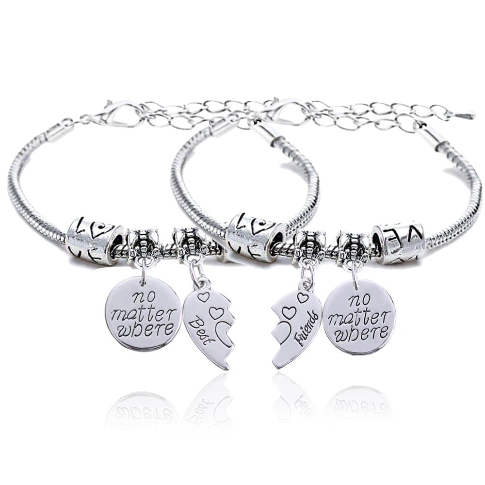 lauhonmin 2pcs BBF Best Friends No Matter Where Compass Split Broken Heart Double Bracelets Set Friendship Gift