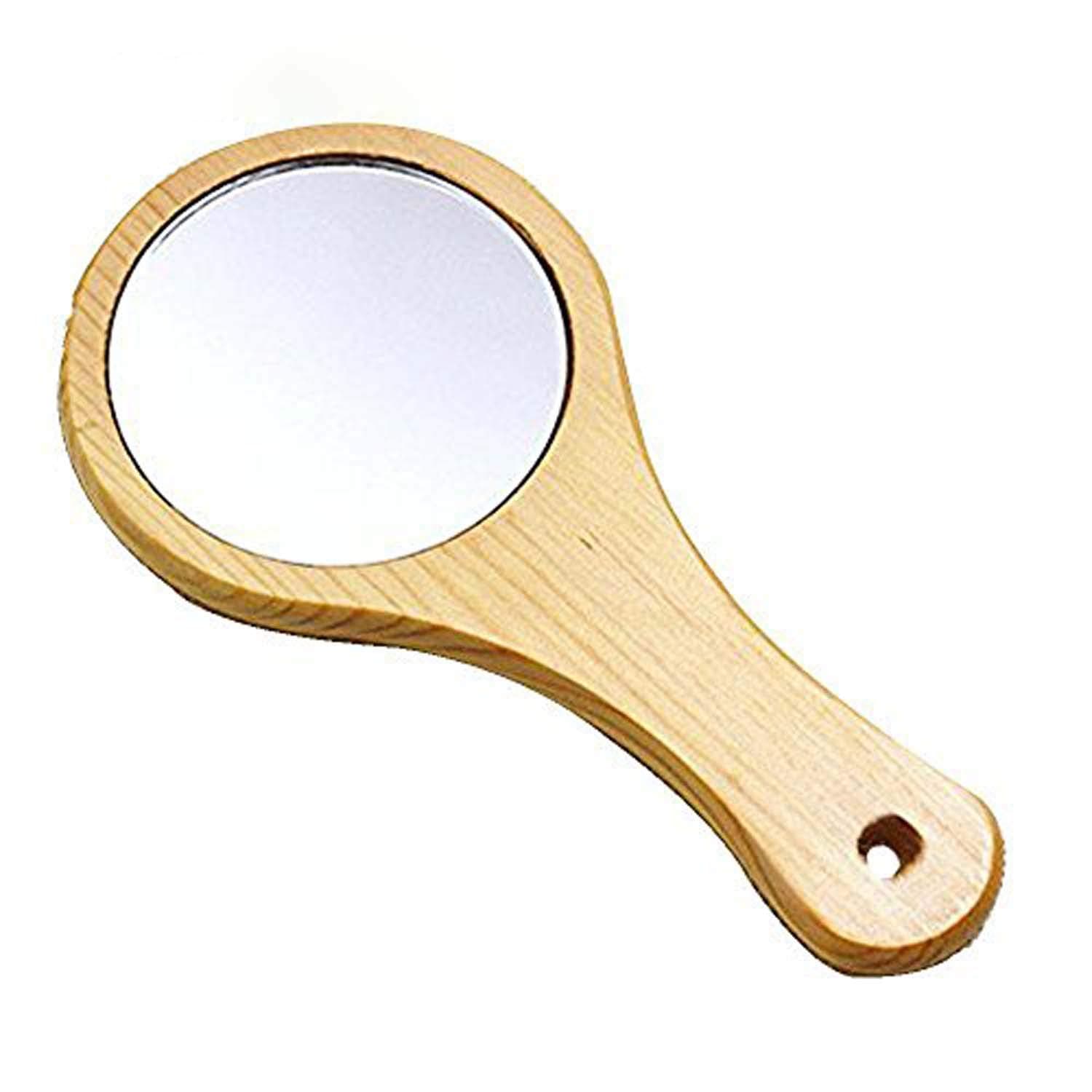 GOHIDE 1pc Creative Wooden Makeup Mirror Round Side Handheld Mirror(14x7.5cm)