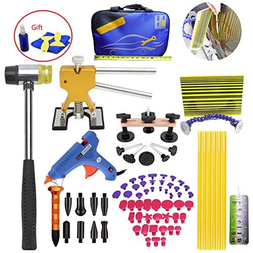 VTOLO 42 Pcs DIY Paintless Dent Remover Tool Kit with Dent Lifter Tab Down Tools Lined Dent Board Bridge Puller for Automobile Body Motorcycle Refrigerator Washing Machine