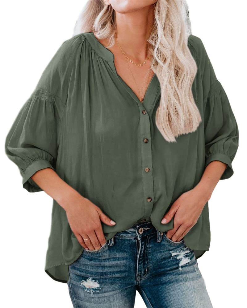 Womens V Neck Button Down Shirts Puff 3/4 Sleeve Loose Fitting Blouses Tops