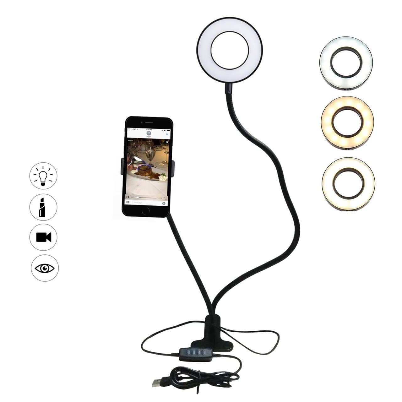 Smarki Cell Phone Holder Mount with 12 LED Selfie Ring Light (3 Light Modes) 10 Brightness for Live Streaming 360° Rotating Reading Desk Lamp Bracket for iPhone 8/X/7/6 Plus,Samsung,Huawei etc.