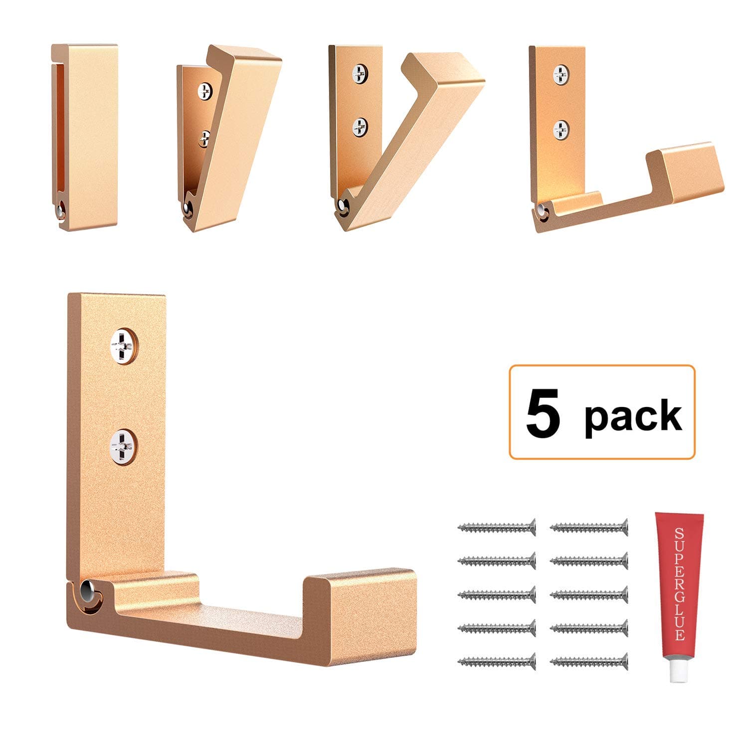 Foldable Adhesive Hooks,Heavy Duty Wall Hooks Zn Cu Alloy Ultra Strong Waterproof Hanger for Robe, Coat, Towel, Keys, Bags, Home, Kitchen, Bathroom 5 Pack (Gold)
