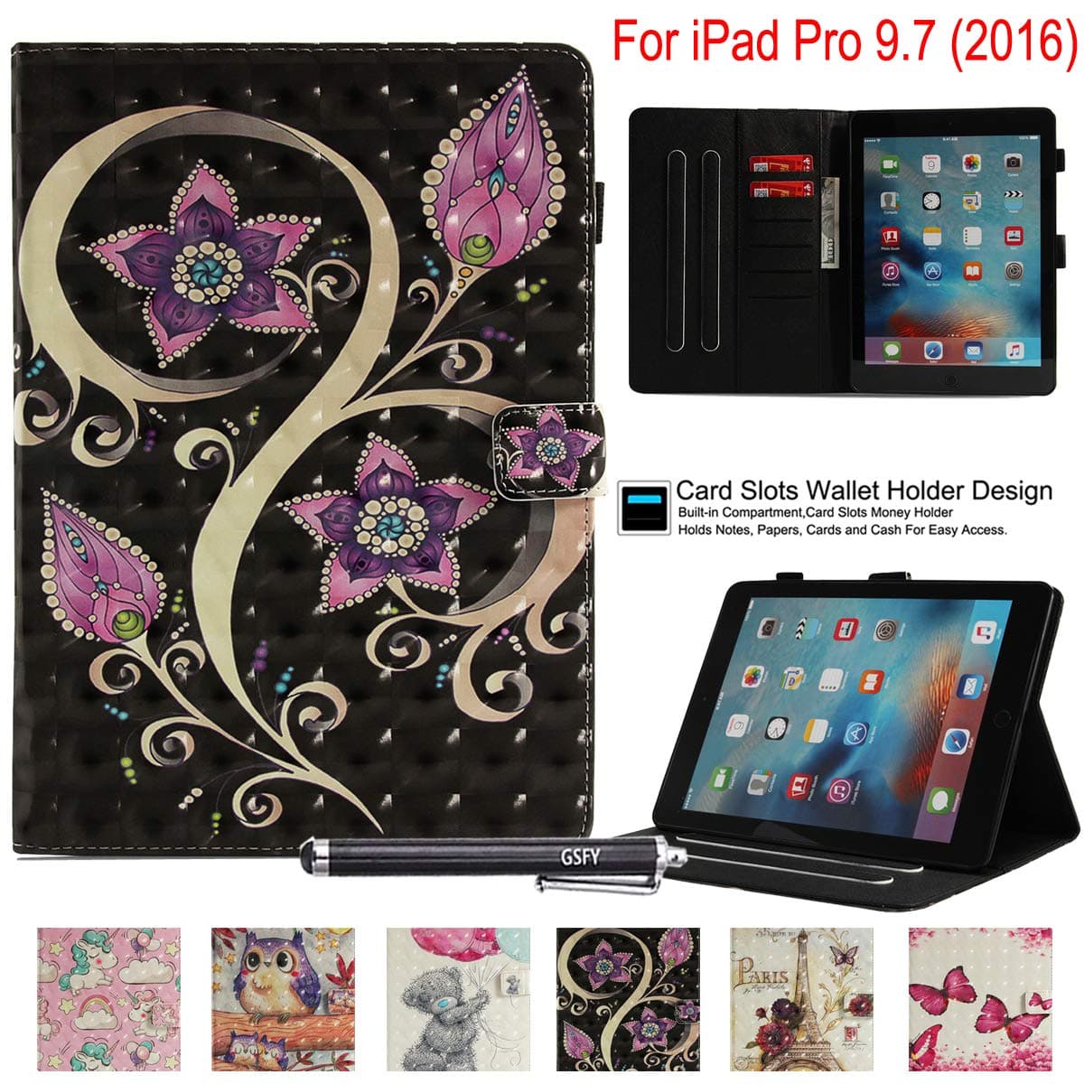 iPad Pro 9.7 Inch Case, Newshine Stand Folio Smart Cover with Auto Wake/Sleep Card Slots for Apple iPad Pro 9.7 (2016 Release, Model: A1673 A1674 A1675) - Pink Purple Flower