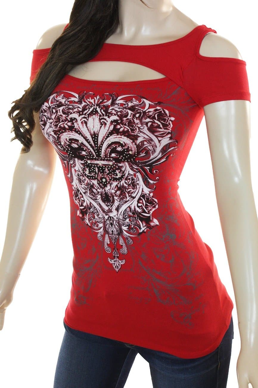 Bling Womens Plus Size Rhinestone Cross or Fleur De Lis Wings Cold Shoulder New Top