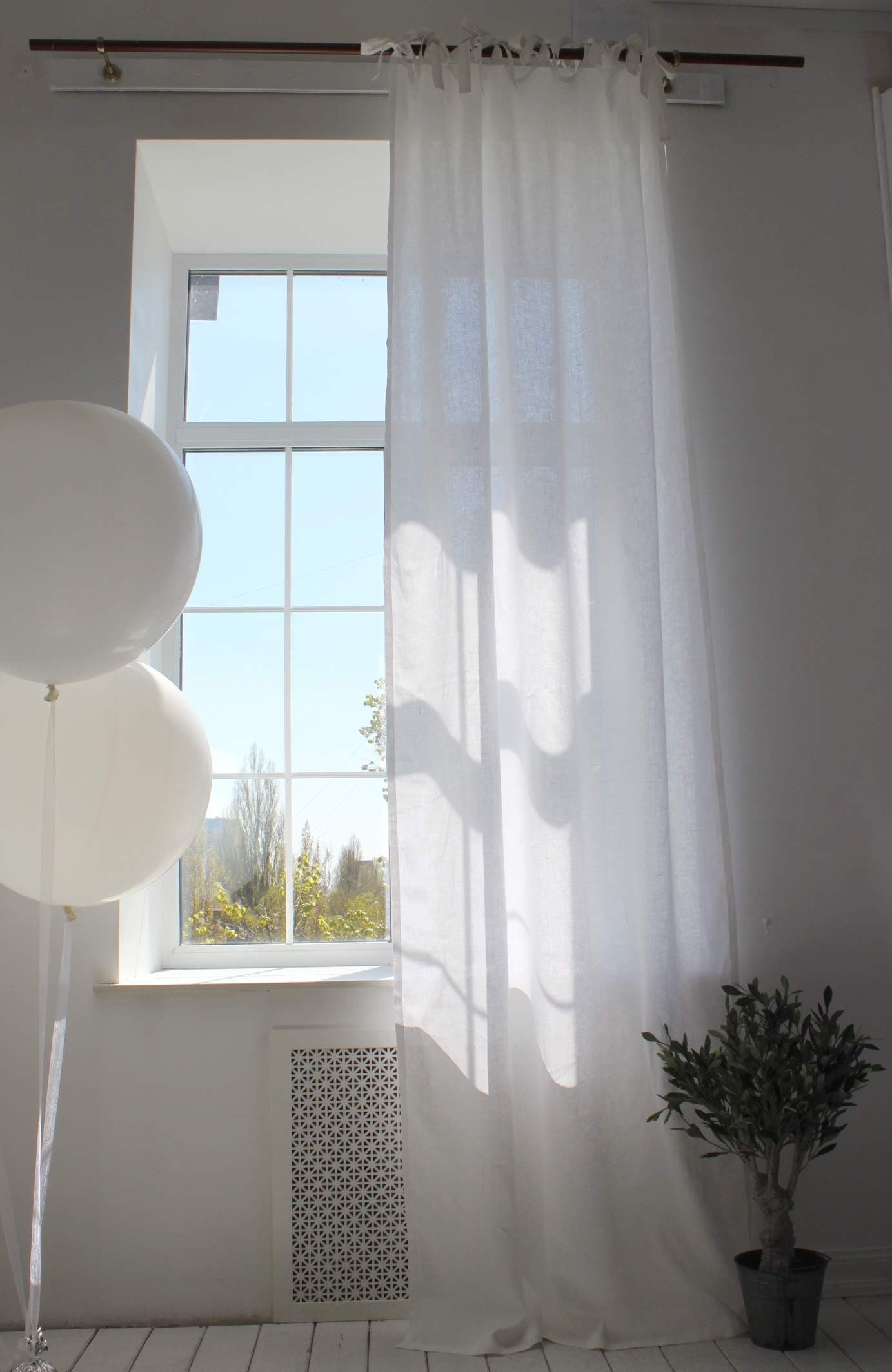 3HLinenLinen Top Tie Curtain Panel - 53'' Width, Custom Length - Natural Linen Oatmeal/White/Grey Colors