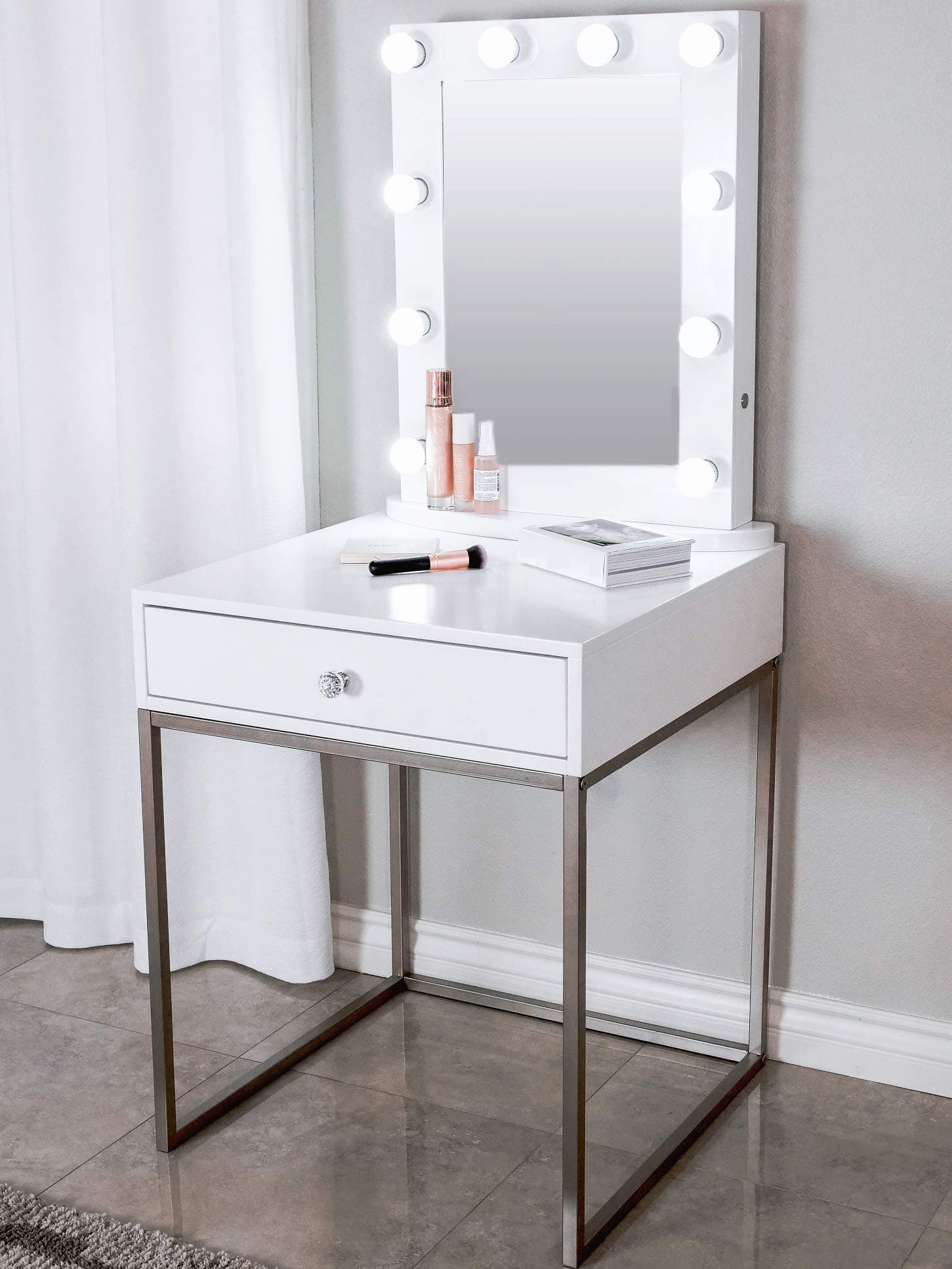 Glamstation Makeup Vanity And Lighted Mirror Set, 10 Dimmable LED Lights, White with Your Choice of Gold or Silver Legs, Large Top for Accessories And Drawer for Storage