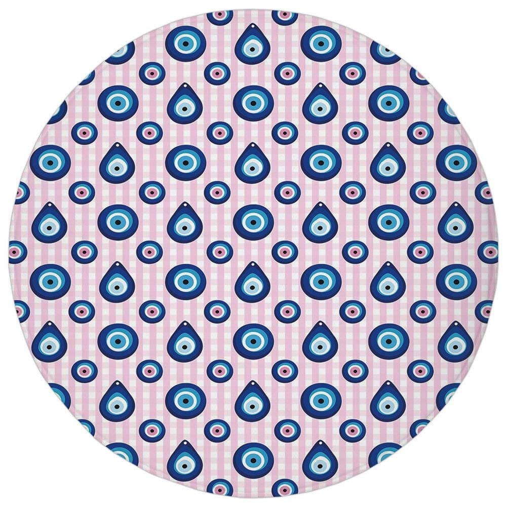 Round Rug Mat Carpet,Evil Eye,Protective Turkish Bead Figures in Different Shapes Checkered Backdrop,Light Pink Blue White,Flannel Microfiber Non-Slip Soft Absorbent,for Kitchen Floor Bathroom