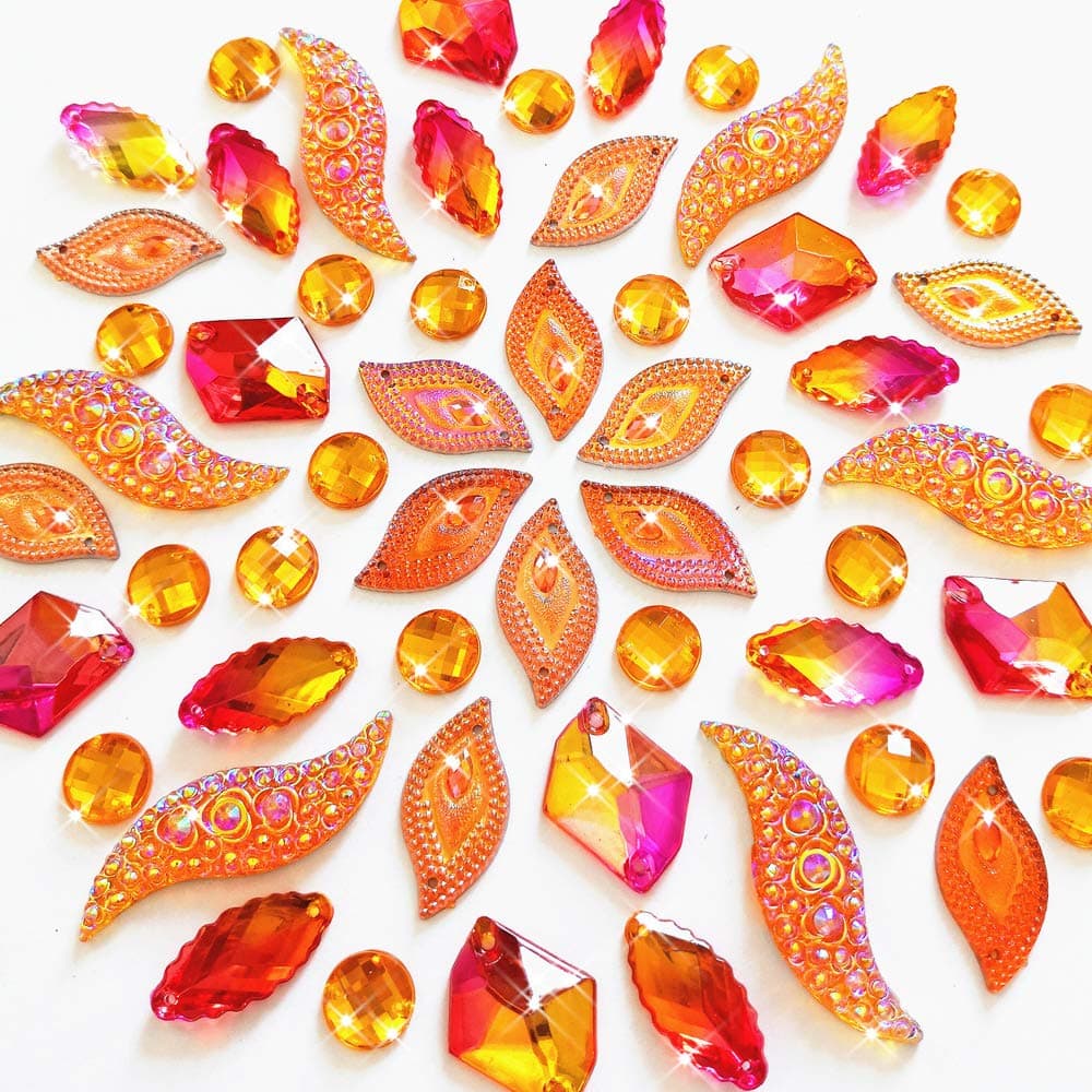 50PCS Special Effect Different Shapes Mirror AB Gems Sew On Rhinestones Faceted for Handicrafts Clothing Dress Decorations (Orange 2)