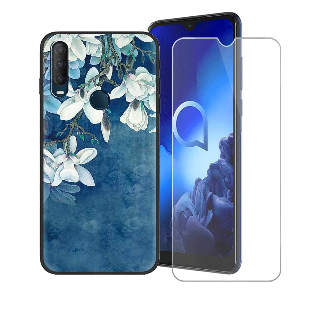 Case for Alcatel 1S 2020 Cover + Screen Protector Tempered Glass Protective Film - YZKJ Flexible Soft Gel Black TPU Silicone Protection Case for Alcatel 1S 2020 (6.22") - LLM40