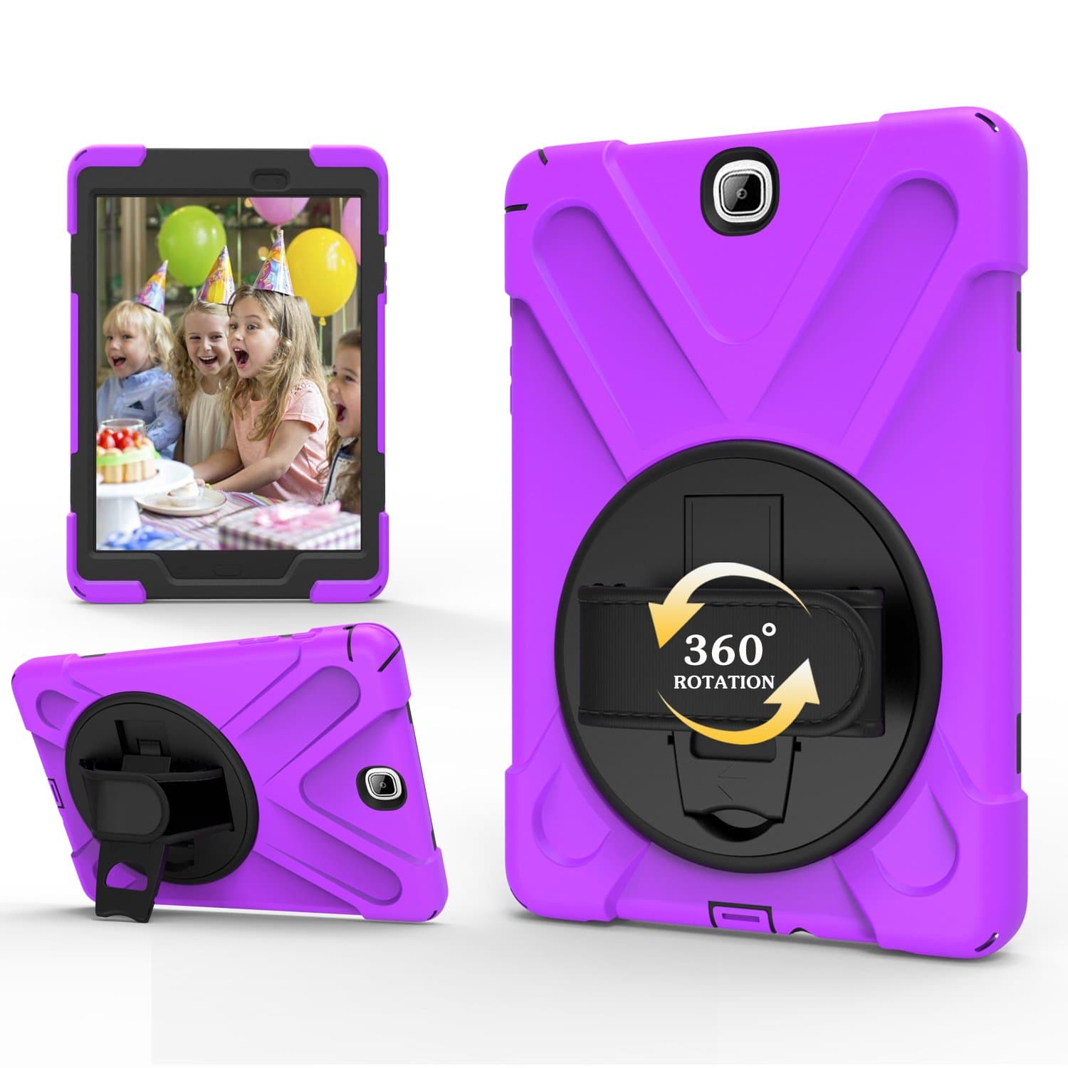 TianTa Galaxy Tab A 9.7 Case SM-T550 with Screen Protector, Three Layer Rugged Heavy Duty Shockproof Protective with Handle Strap, Shoulder Belt & Rotating Kickstand for Galaxy Tab A 9.7 Inch- Purple