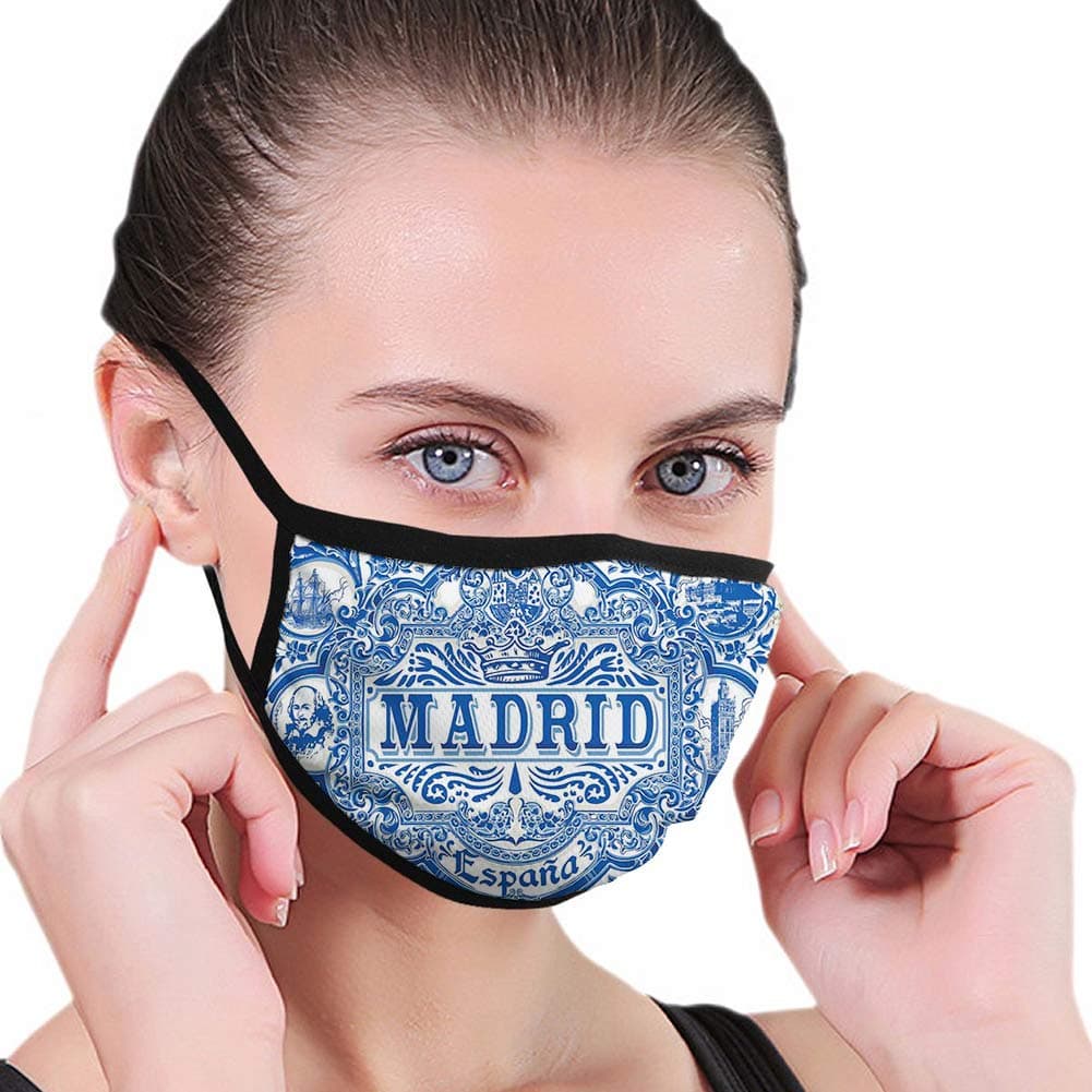 Comfortable Windproof Mask,Madrid Calligraphy Traditional Painted Tin Graphic Tile Azulejo Print,Printed Facial Decorations for Unisex CC-0002266