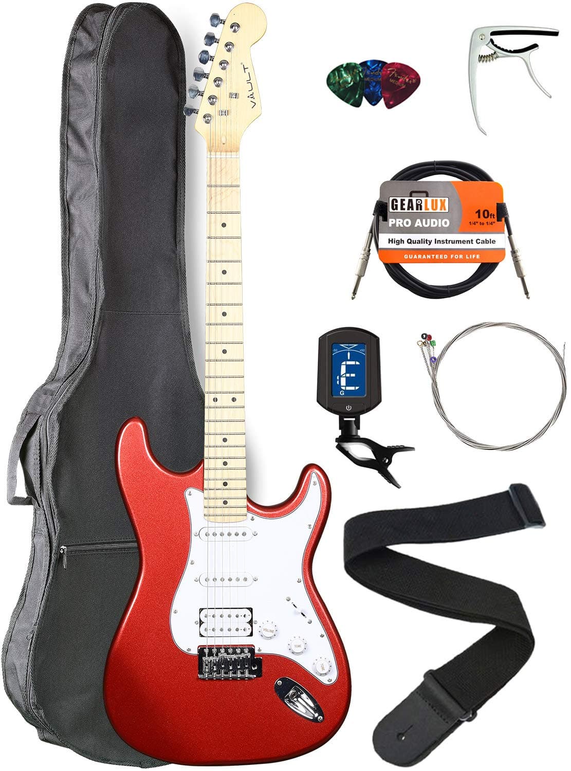 Vault Electric Guitar with Maple Neck Bundle with Gig Bag, Strap, Tuner, Strings, Instrument Cable, Capo, and Picks - Metallic Red