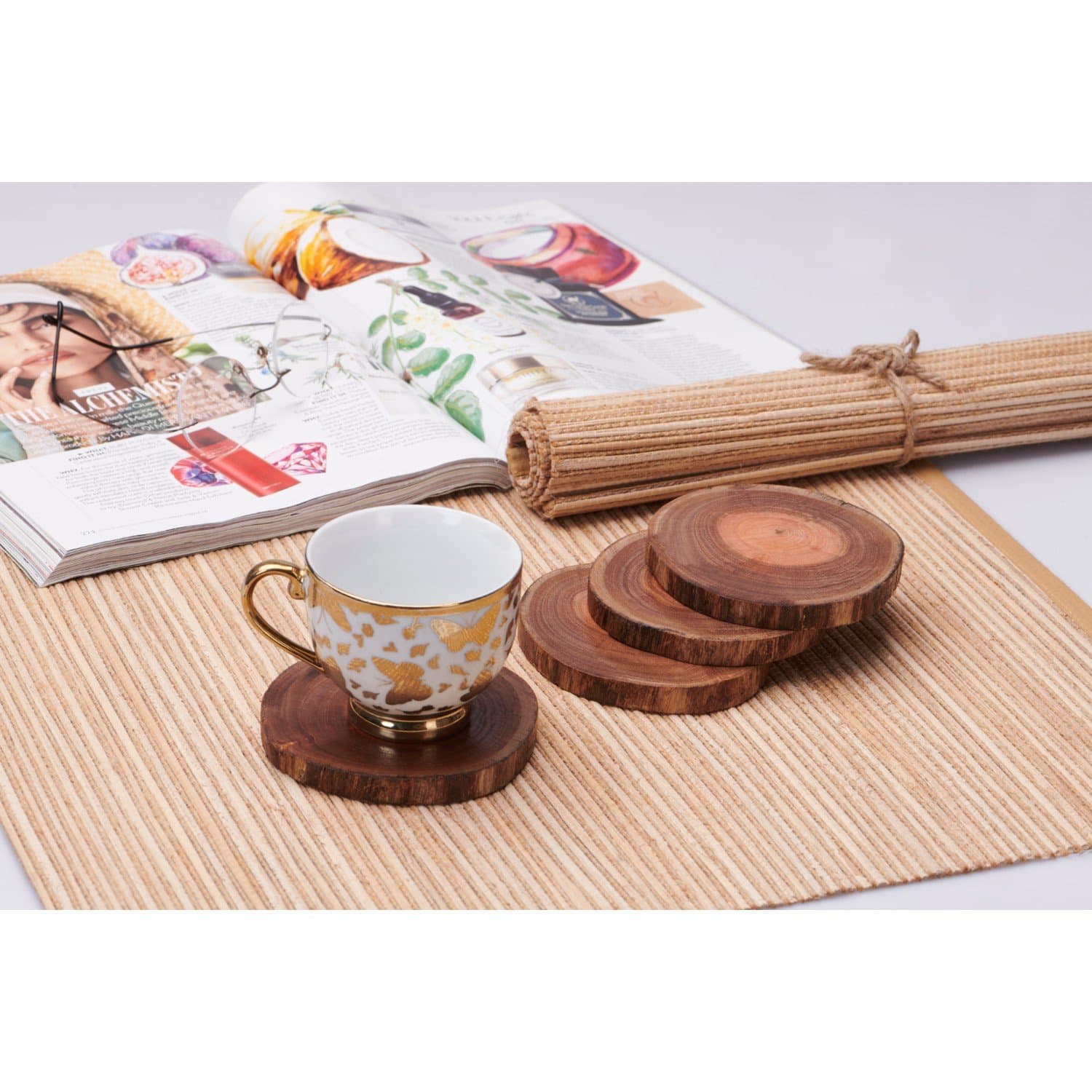 Fireflies Eucalyptus Wooden Coaster Ideal for Tableware Decorations (Pack of 4, Brown, FF-016)