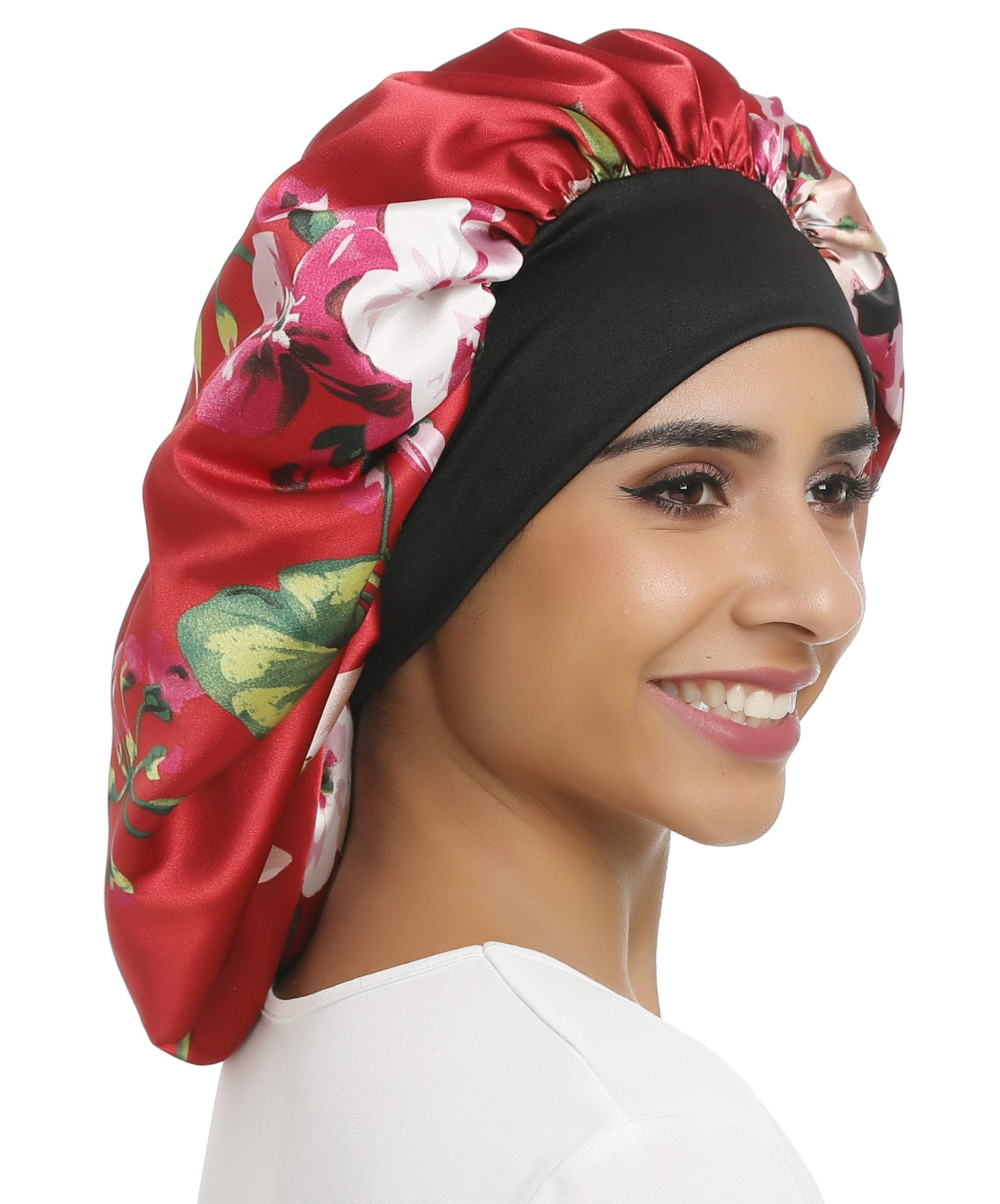 Large Satin Bonnet Double Layer Sleep cap Printing Sliky bonnet Wide Elastic Band for Women Haircare,Curly Natural Long Hair (Double layer-Red flower)