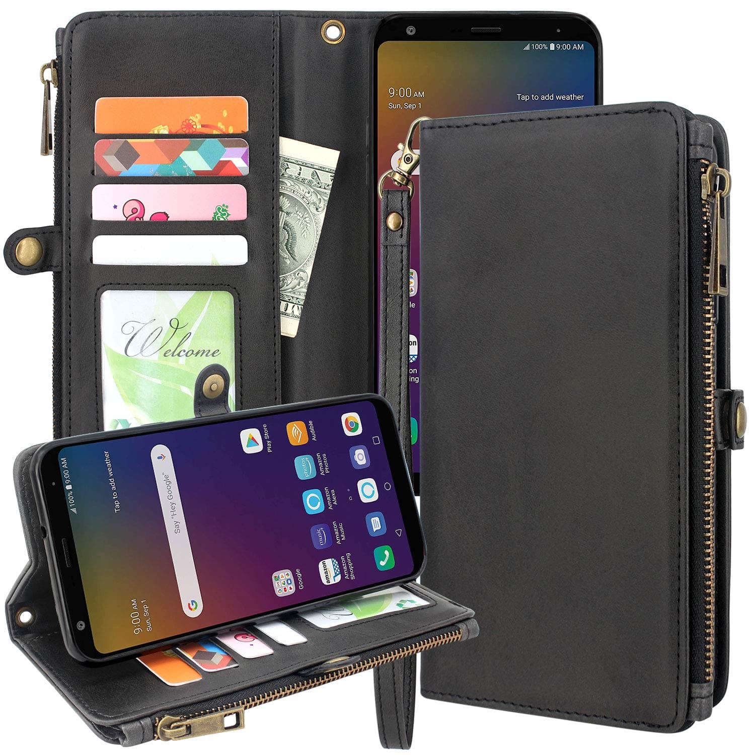 Google Pixel 3 XL (2018) Case, Lacass Premium Leather Flip Zipper Wallet Case Cover Stand Feature with Card Holder and Wrist Strap for Google Pixel 3 XL (Black)